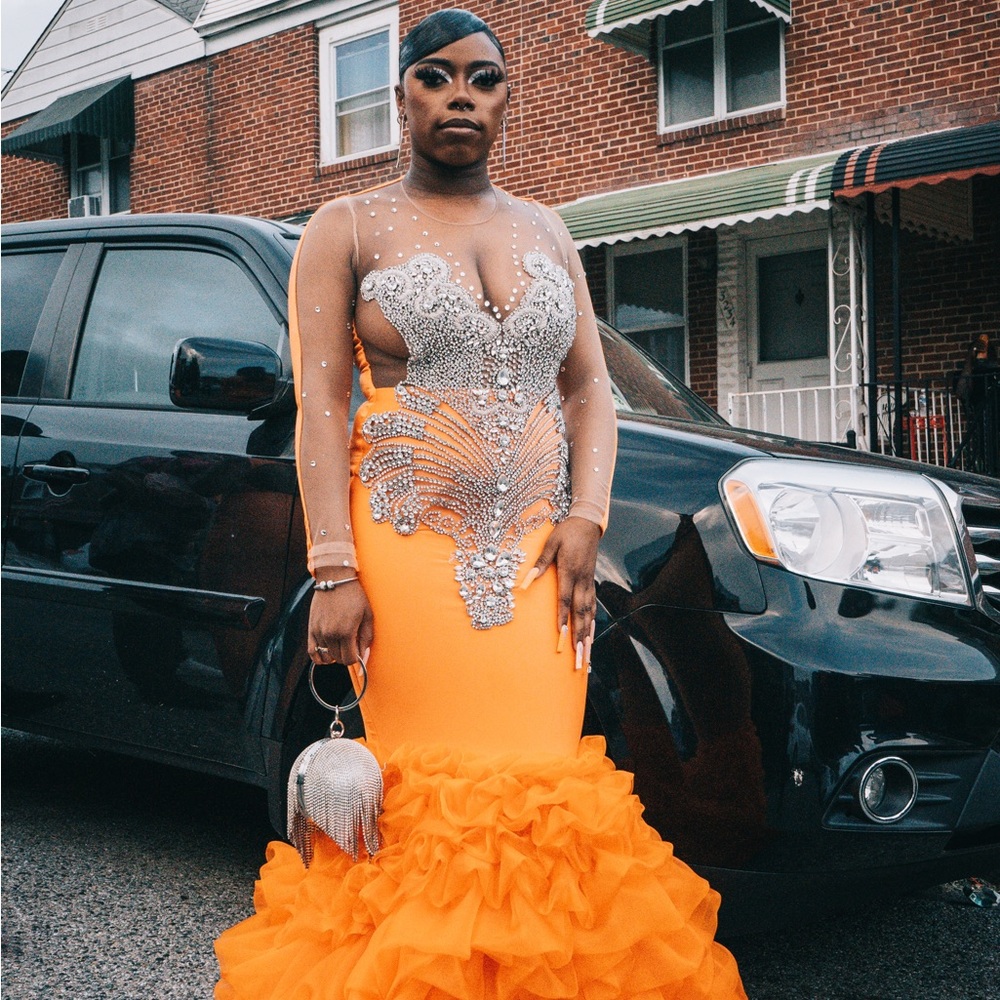 Beautiful orange , long , fluffy blinged out hand made prom dress